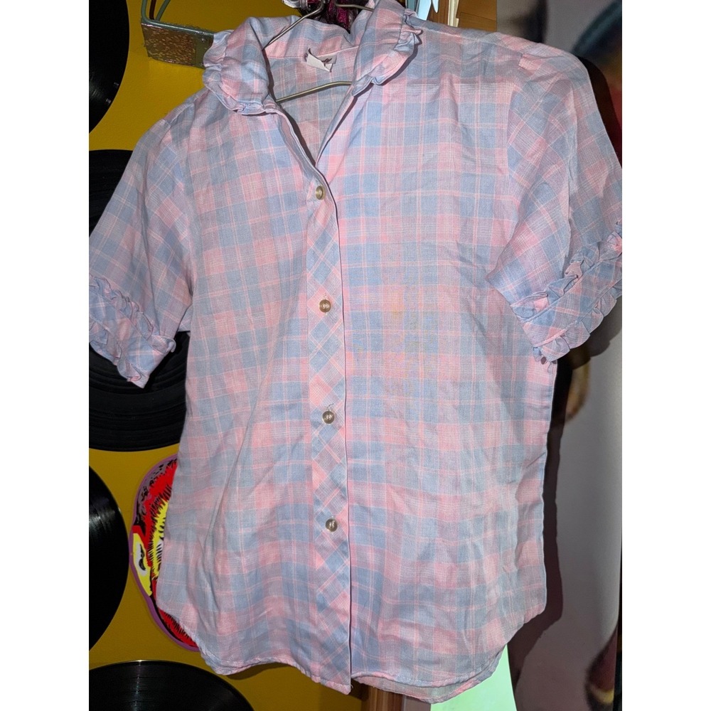 Vintage Candy Hill Kids Pink Blue Plaid Ruffle Collar Button Down Shirt Top